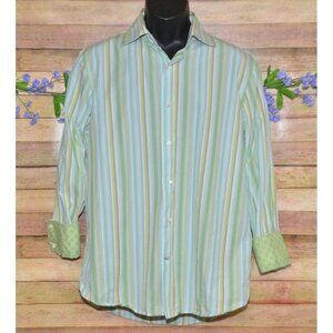 Banana Republic Shirt Men's 16-16 1/2 Green Stripe Cotton Flip Contrast Cuffs